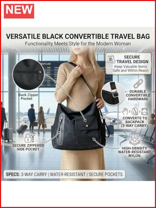 3-in-1 Convertible Backpack Hobo Shoulder Bag Waterproof PU-Coated Nylon Fits